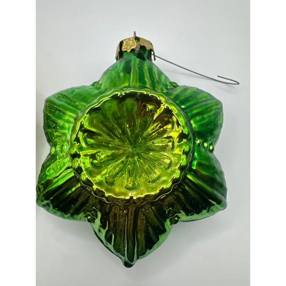 Vintage Mercury Glass Christmas Ornaments Green Gold Star Flower Set of 2